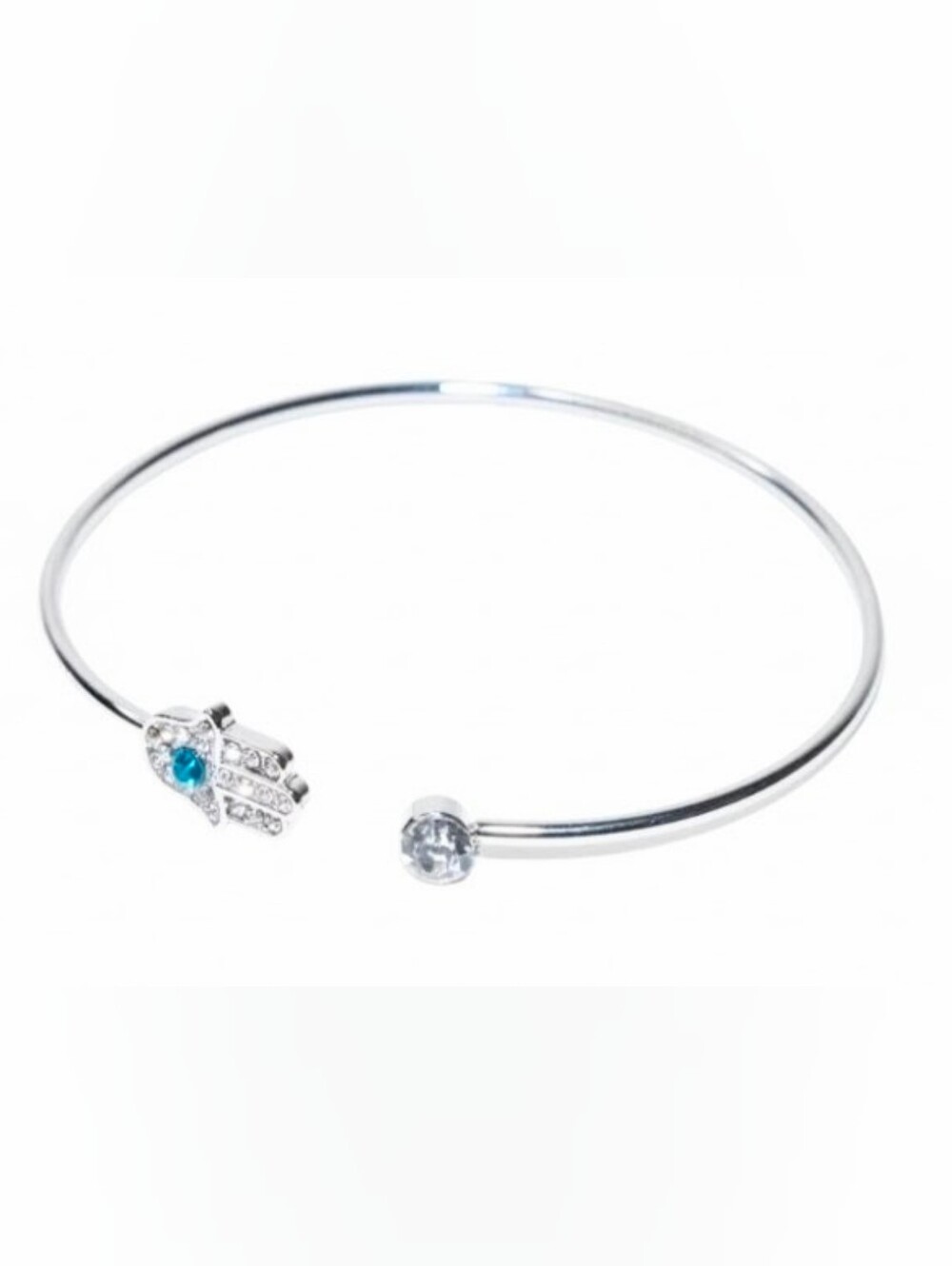 NEW Silver-Tone Open Bangle Bracelet w/Rhinestone Blue Hamsa & Clear Stone